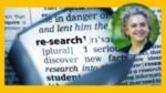 Magnifying class highlighting the word research in dictionary, in top right corner picture Tine De Moor