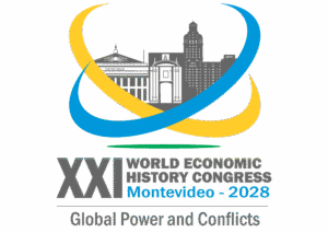 Logo WEHC2028 showing text topped by skyline Montevideo and two crossing circles