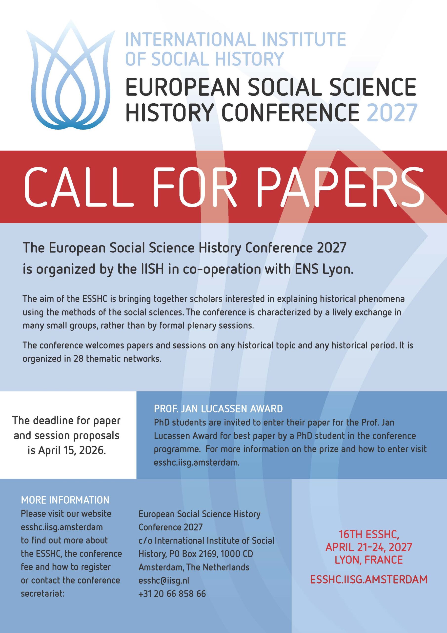 Poster displaying call for papers ESSHC 2027