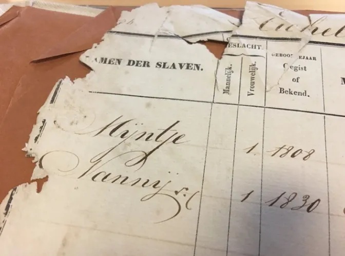 Fragment of page of Slave Register dipslayin names of two enslaved women