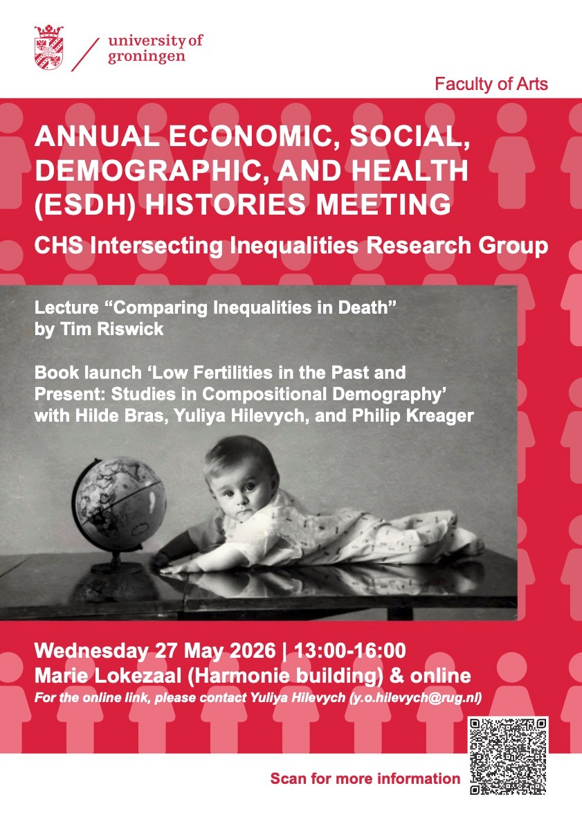 Poster with announcement of event, showing baby lying in front of globe